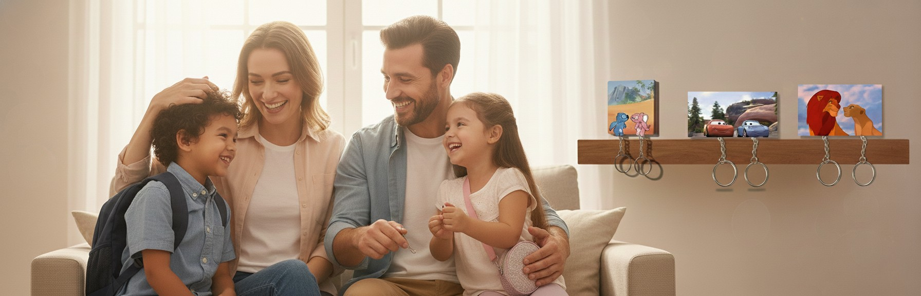 Family of four sitting together on a couch in a living room with decorative wall art.
