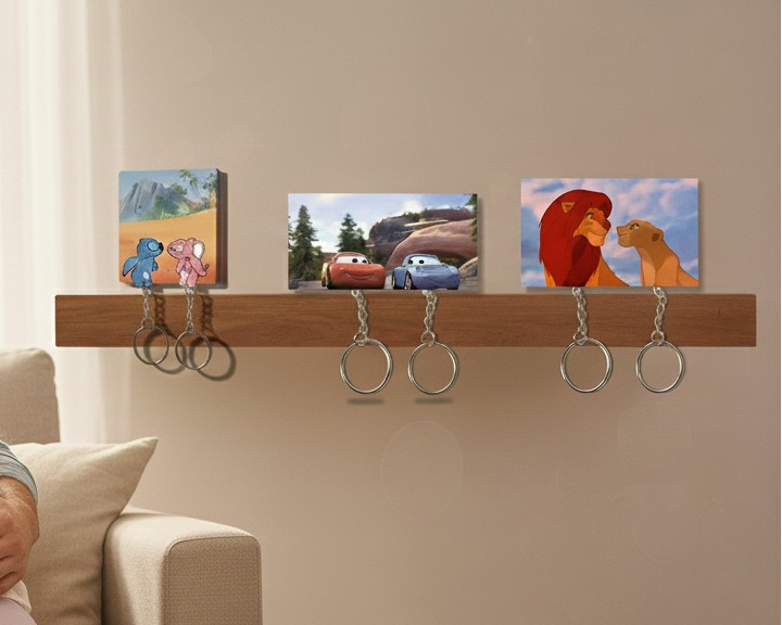 Family of four sitting together on a couch in a living room with decorative wall art.